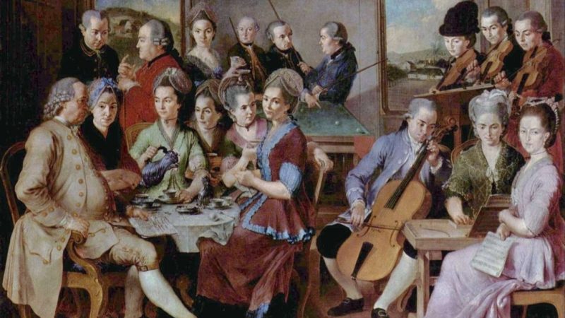 18th-century musical salon with musicians, composers, and patrons gathered in an elegant room, representing the international flute community and the exchange of musical ideas.