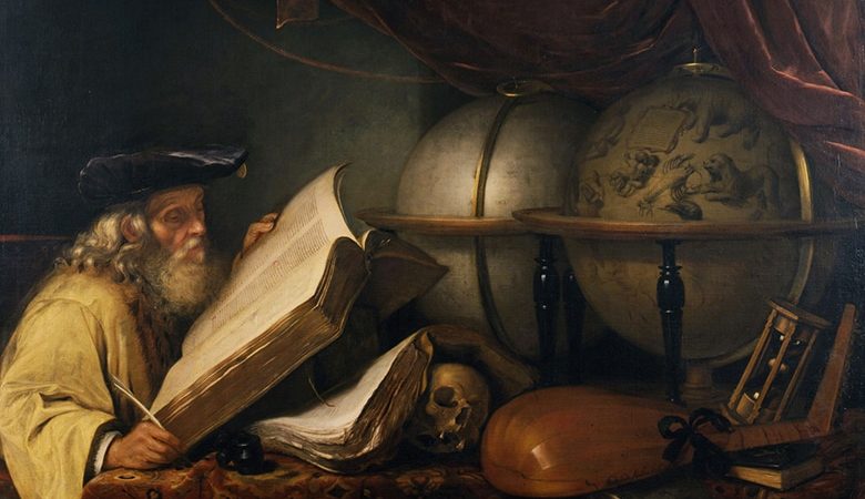 Scholar reading a large book beside globes and historical objects, symbolizing global knowledge, research, and how musicians search for information in the digital age.