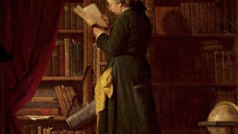 Scholar searching books in a historic library symbolizing research, organization, discoverability, and professional SEO optimization for directory listings.