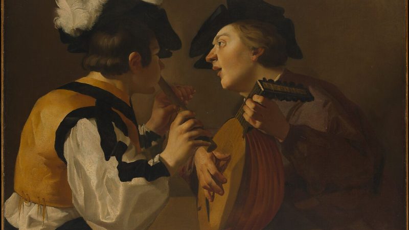 Historical painting of two musicians performing together, symbolizing the preservation of flute heritage and the living archive of the global flute community.