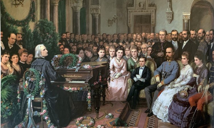 Historic painting of Franz Liszt performing before a distinguished audience, symbolizing professional reputation, recognition, and lasting influence.