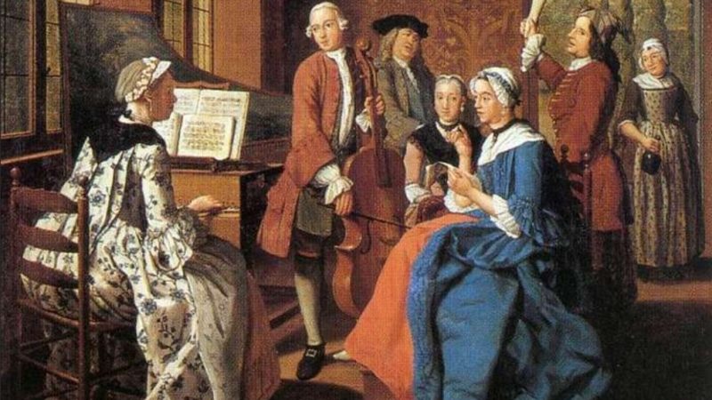 Eighteenth-century painting of musicians and listeners gathered together, symbolizing collaboration, education, cultural exchange, and the global flute community.